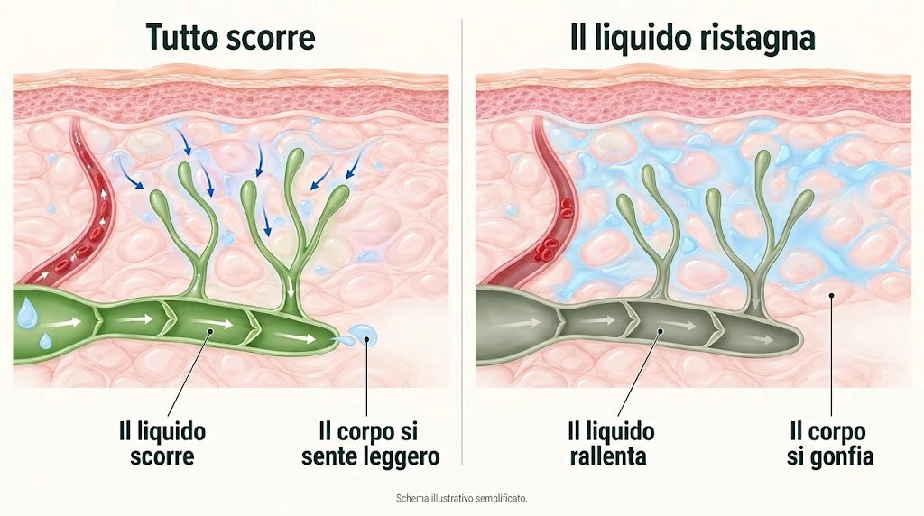 Schema semplice: a sinistra il liquido scorre e il corpo è leggero; a destra il liquido ristagna e il corpo si gonfia.