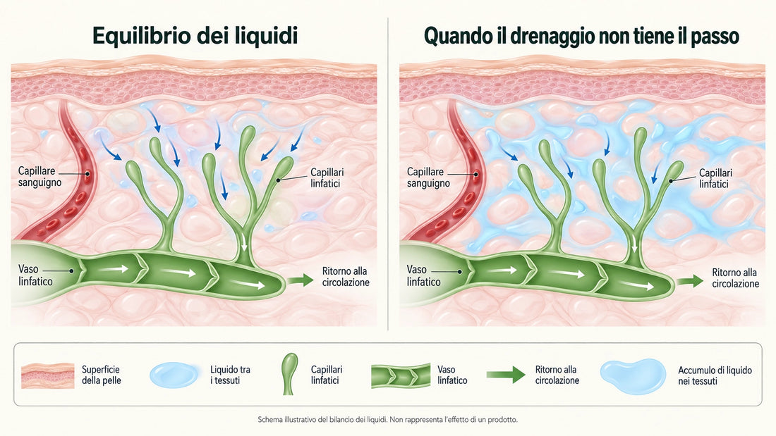 Schema illustrativo dell’equilibrio dei liquidi nei tessuti: a sinistra il drenaggio regolare, a destra l’accumulo di liquido quando il drenaggio non tiene il passo.